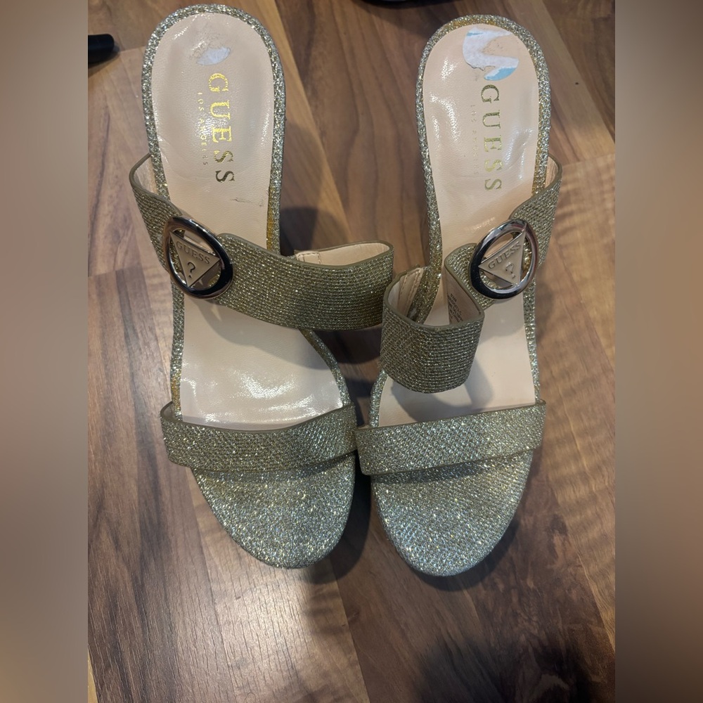 GUESS Cork and Gold Wedge Heels 8.5